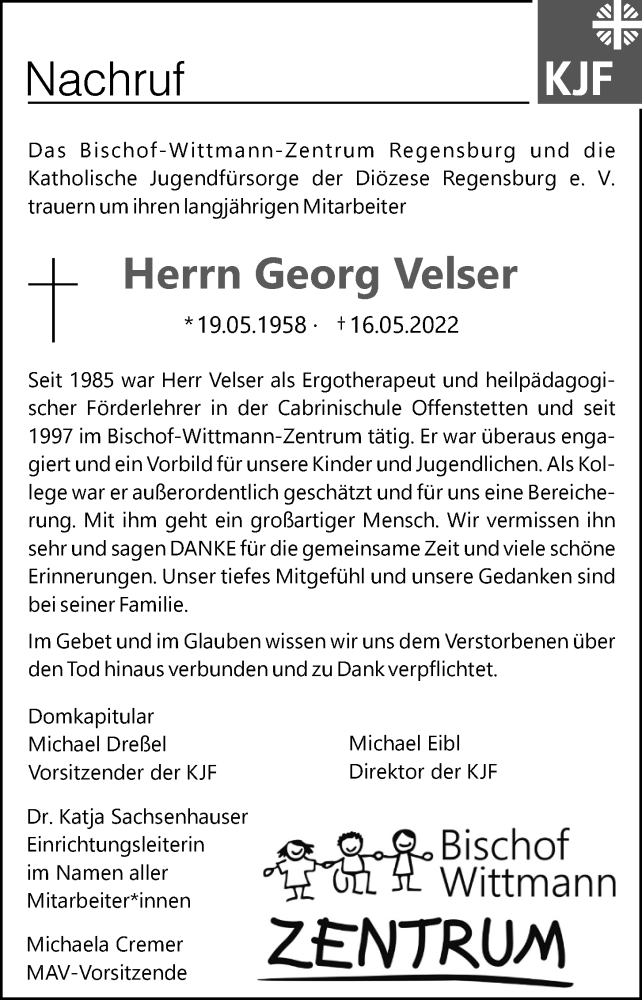  Traueranzeige für Georg Velser vom 28.05.2022 aus Mittelbayerische Zeitung Regensburg