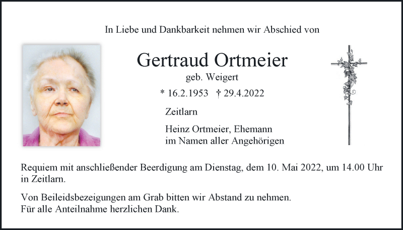  Traueranzeige für Gertraud Ortmeier vom 04.05.2022 aus Mittelbayerische Zeitung Regensburg