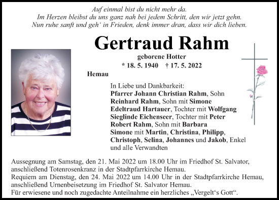 Traueranzeige von Gertraud Rahm von Mittelbayerische Zeitung Regensburg