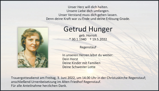 Traueranzeige von Gertrud Hunger von Mittelbayerische Zeitung Regensburg