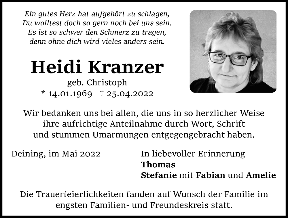  Traueranzeige für Heidi Kranzer vom 17.05.2022 aus Mittelbayerische Zeitung Regensburg