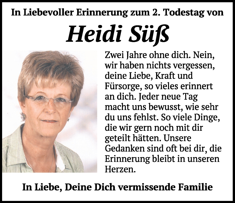  Traueranzeige für Heidi Süß vom 27.05.2022 aus Mittelbayerische Zeitung Schwandorf
