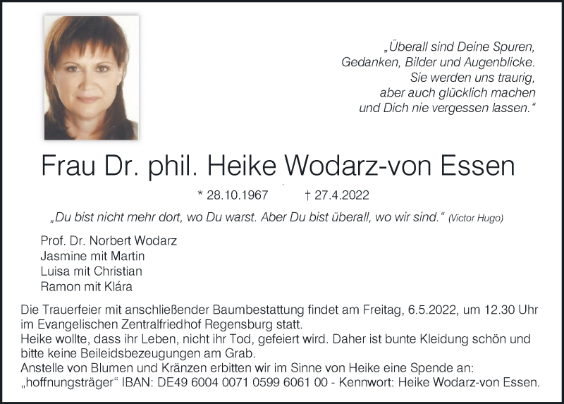  Traueranzeige für Heike  Wodarz-von Essen vom 04.05.2022 aus Mittelbayerische Zeitung Regensburg