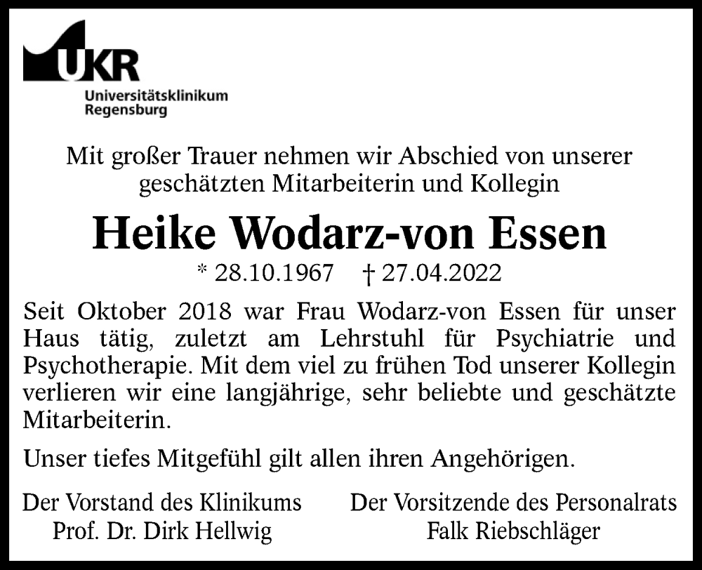  Traueranzeige für Heike  Wodarz-von Essen vom 07.05.2022 aus Mittelbayerische Zeitung Gesamtausgabe