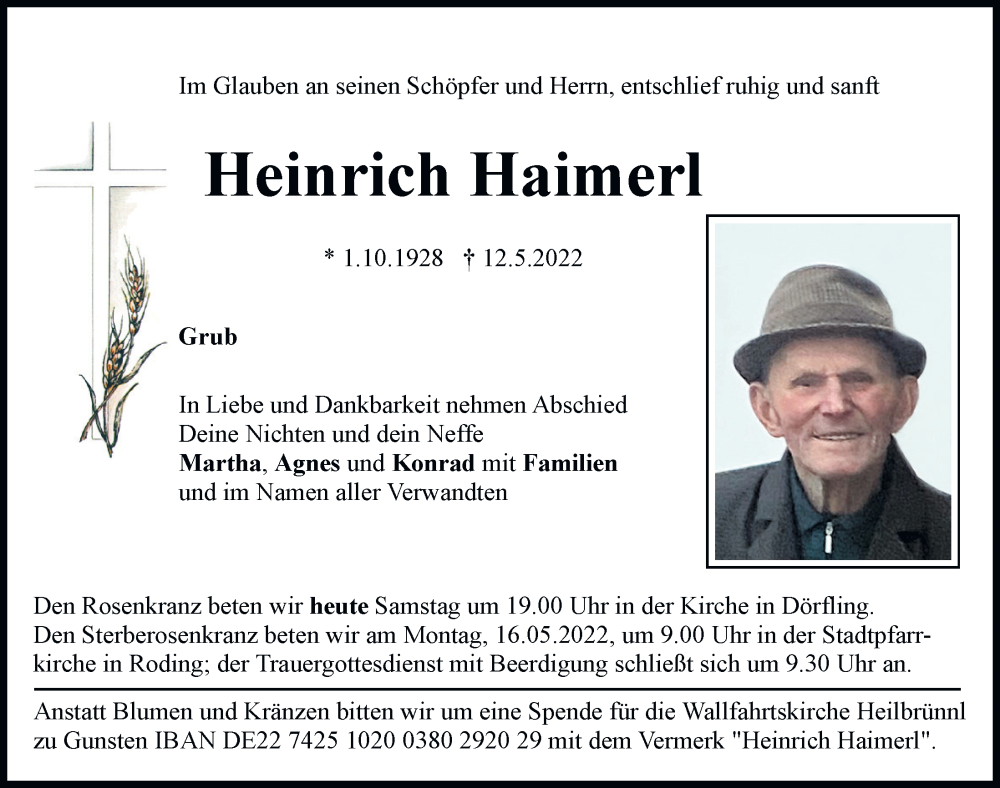  Traueranzeige für Heinrich Haimerl vom 14.05.2022 aus Bayerwald Echo