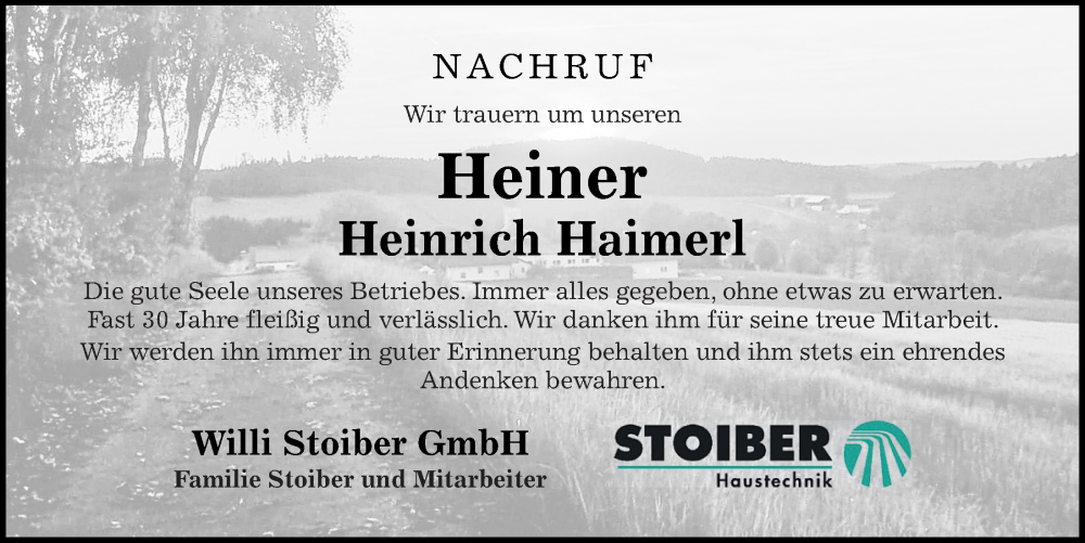 Traueranzeige für Heinrich Haimerl vom 18.05.2022 aus Bayerwald Echo