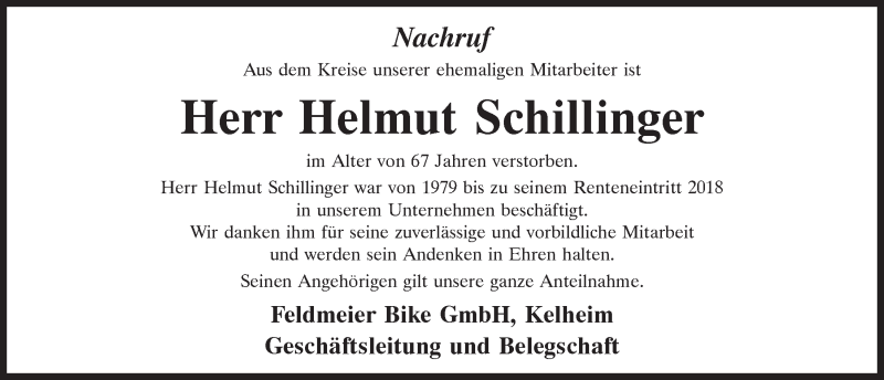  Traueranzeige für Helmut Schillinger vom 04.05.2022 aus Mittelbayerische Zeitung Kelheim