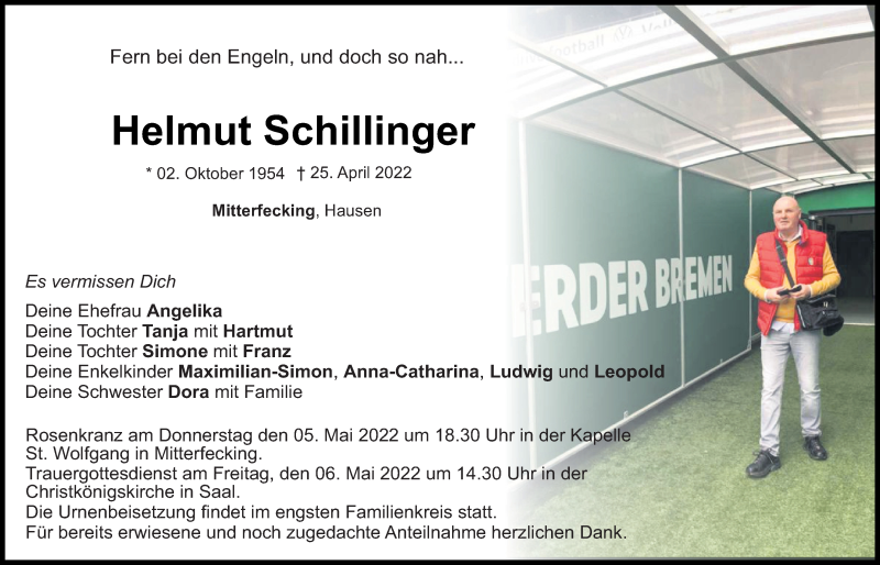  Traueranzeige für Helmut Schillinger vom 03.05.2022 aus Mittelbayerische Zeitung Kelheim
