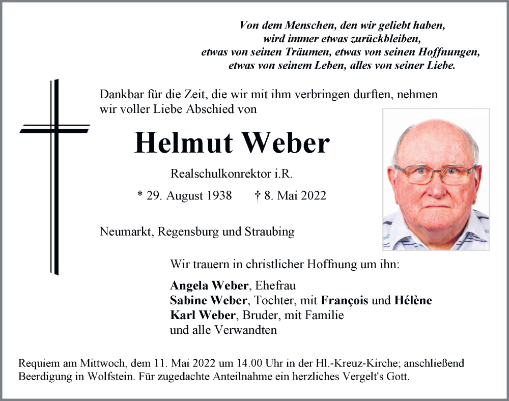  Traueranzeige für Helmut Weber vom 10.05.2022 aus Neumarkter Tagblatt
