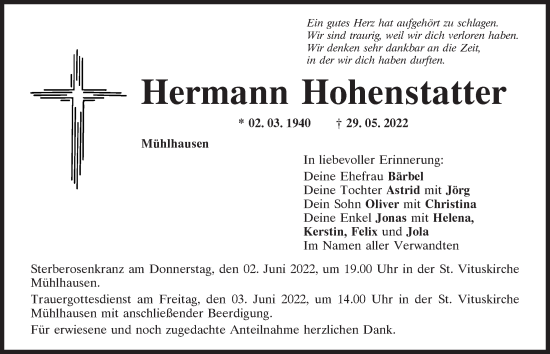 Traueranzeige von Hermann Hohenstatter von Mittelbayerische Zeitung Kelheim