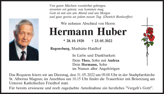 Traueranzeige von Hermann Huber von Mittelbayerische Zeitung Regensburg
