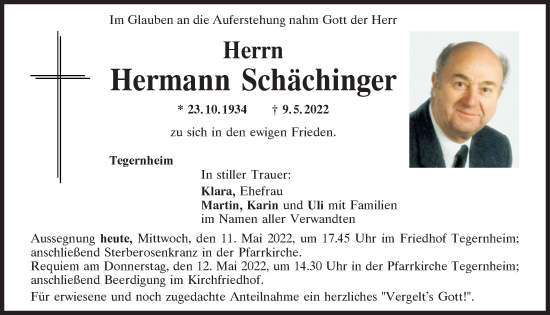 Traueranzeige von Hermann Schächinger von Mittelbayerische Zeitung Regensburg