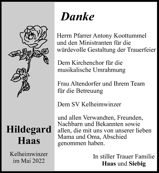 Traueranzeige von Hildegard Haas von Mittelbayerische Zeitung Kelheim