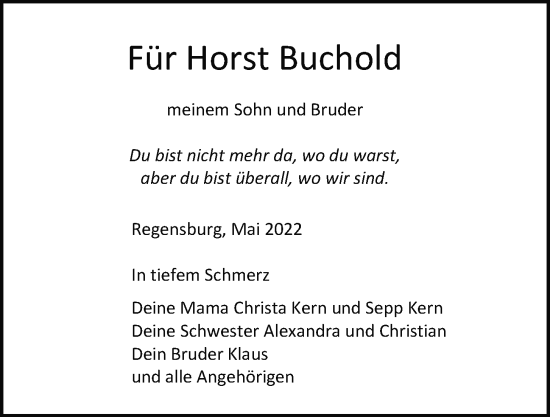 Traueranzeige von Horst Buchold von Mittelbayerische Zeitung Regensburg