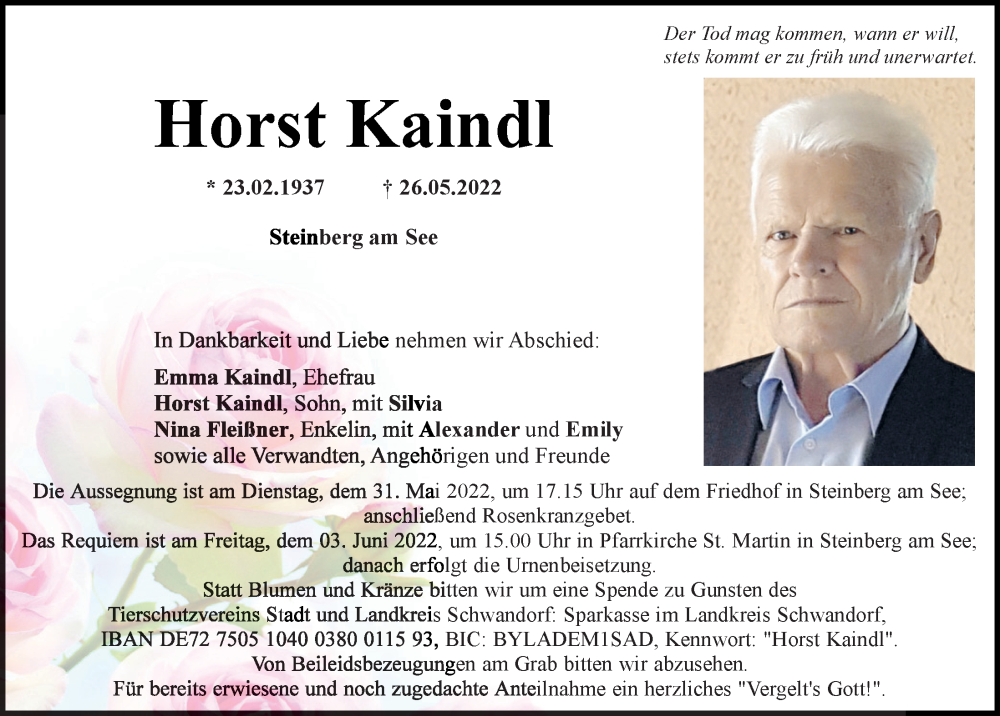  Traueranzeige für Horst Kaindl vom 31.05.2022 aus Mittelbayerische Zeitung Schwandorf