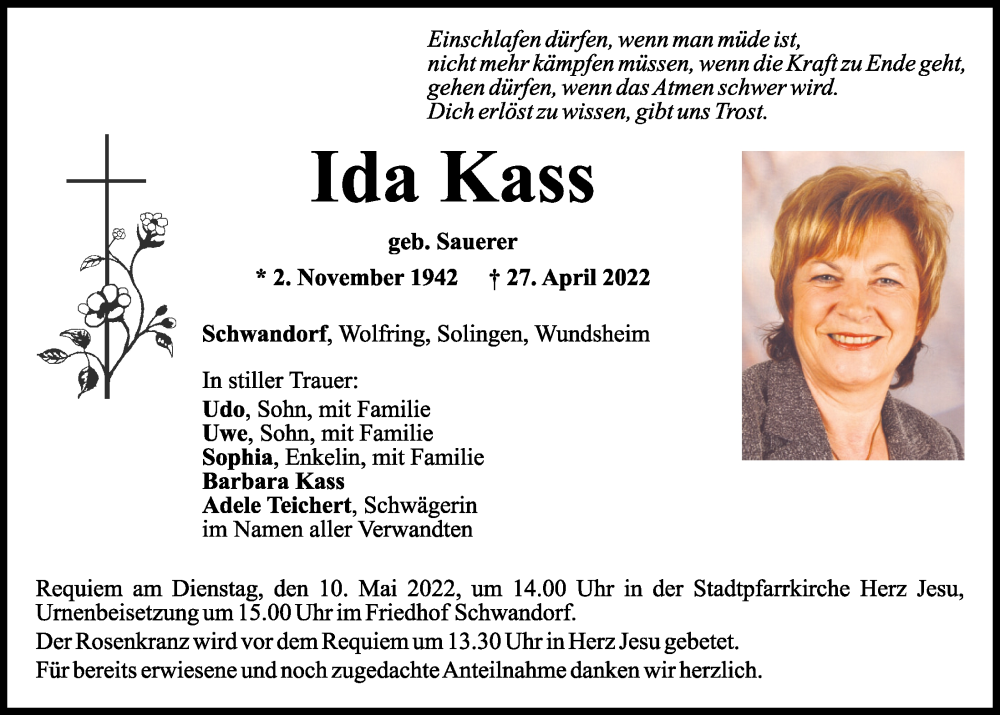  Traueranzeige für Ida Kass vom 07.05.2022 aus Mittelbayerische Zeitung Schwandorf