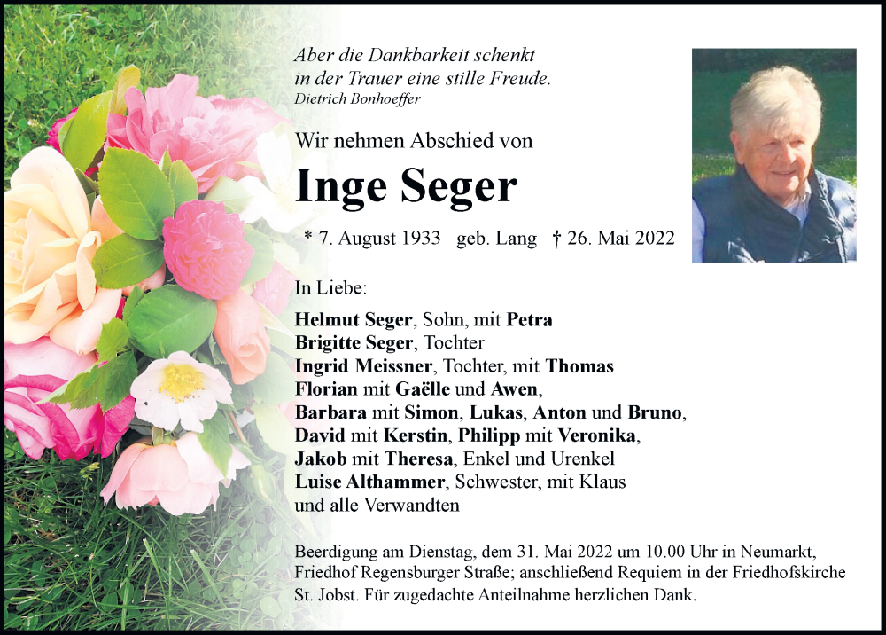  Traueranzeige für Inge Seger vom 28.05.2022 aus Neumarkter Tagblatt