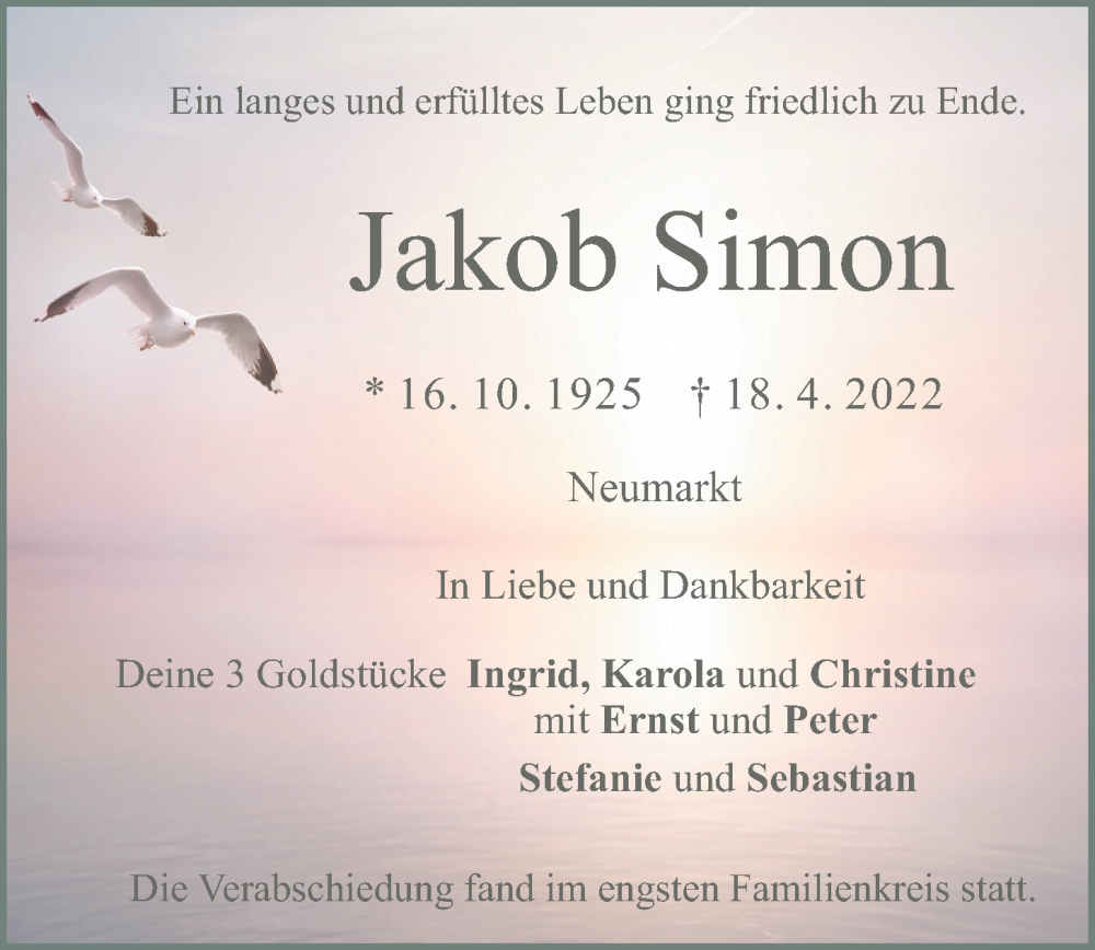  Traueranzeige für Jakob Simon vom 05.05.2022 aus Neumarkter Tagblatt