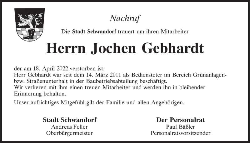  Traueranzeige für Jochen Gebhardt vom 04.05.2022 aus Mittelbayerische Zeitung Schwandorf