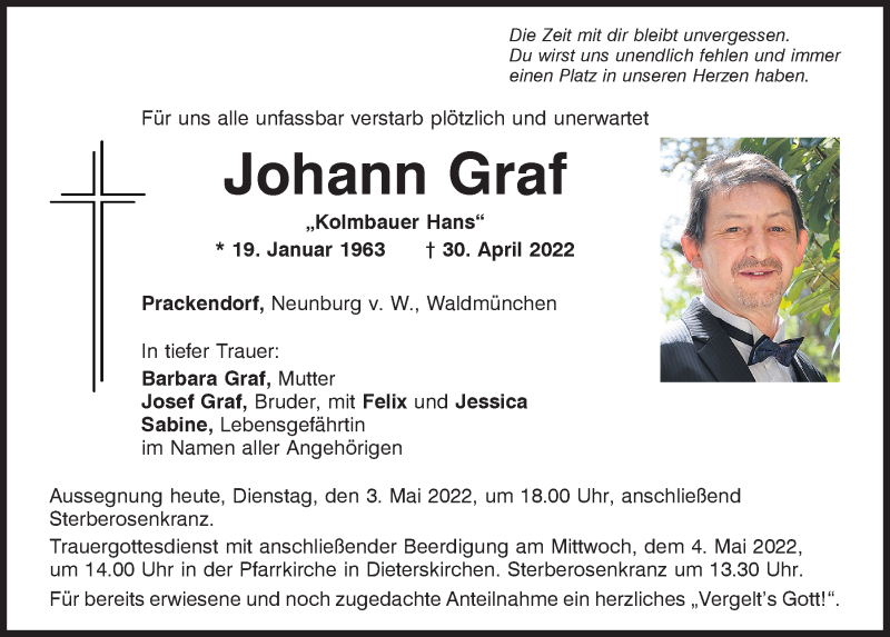  Traueranzeige für Johann Graf vom 03.05.2022 aus Mittelbayerische Zeitung Schwandorf