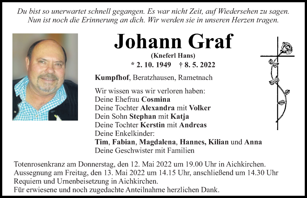  Traueranzeige für Johann Graf vom 11.05.2022 aus Mittelbayerische Zeitung Regensburg