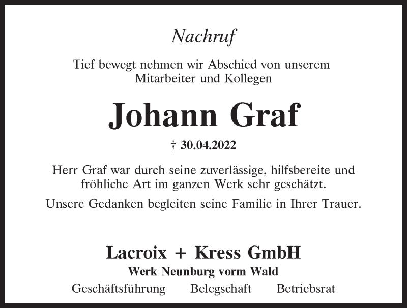  Traueranzeige für Johann Graf vom 03.05.2022 aus Mittelbayerische Zeitung Schwandorf