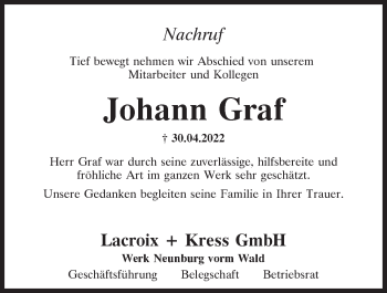 Traueranzeige von Johann Graf von Mittelbayerische Zeitung Schwandorf