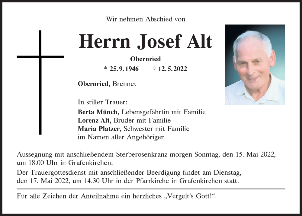  Traueranzeige für Josef Alt vom 14.05.2022 aus Bayerwald Echo