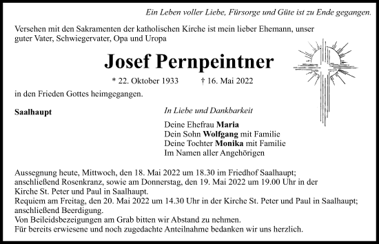 Traueranzeige von Josef Pernpeintner von Mittelbayerische Zeitung Kelheim