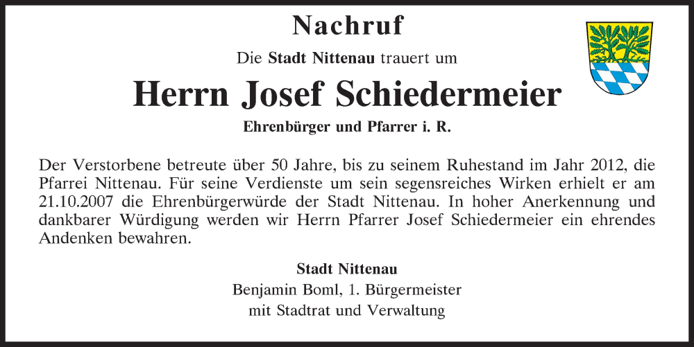  Traueranzeige für Josef Schiedermeier vom 07.05.2022 aus Mittelbayerische Zeitung Regensburg