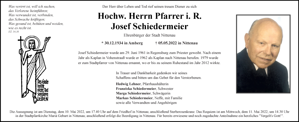  Traueranzeige für Josef Schiedermeier vom 07.05.2022 aus Mittelbayerische Zeitung Regensburg