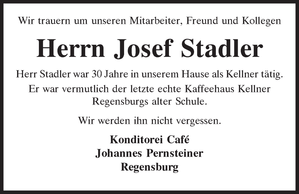  Traueranzeige für Josef Stadler vom 12.05.2022 aus Mittelbayerische Zeitung Regensburg