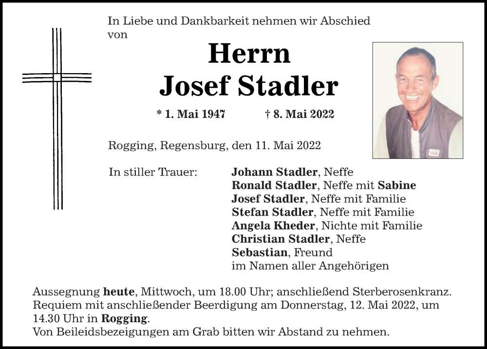  Traueranzeige für Josef Stadler vom 11.05.2022 aus Mittelbayerische Zeitung Regensburg
