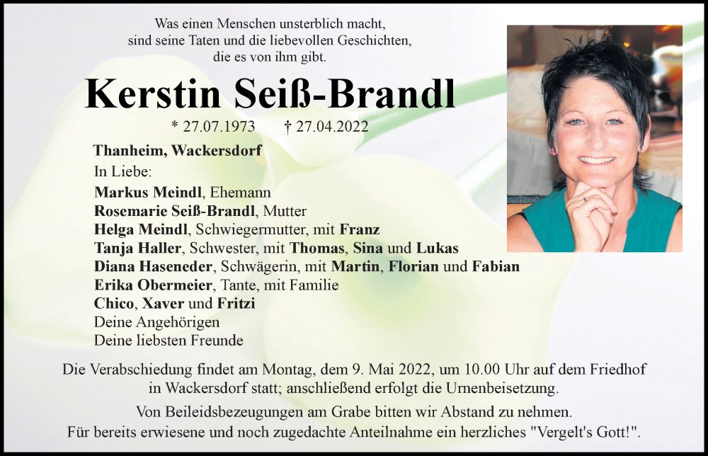  Traueranzeige für Kerstin Seiß-Brandl vom 05.05.2022 aus Mittelbayerische Zeitung Schwandorf