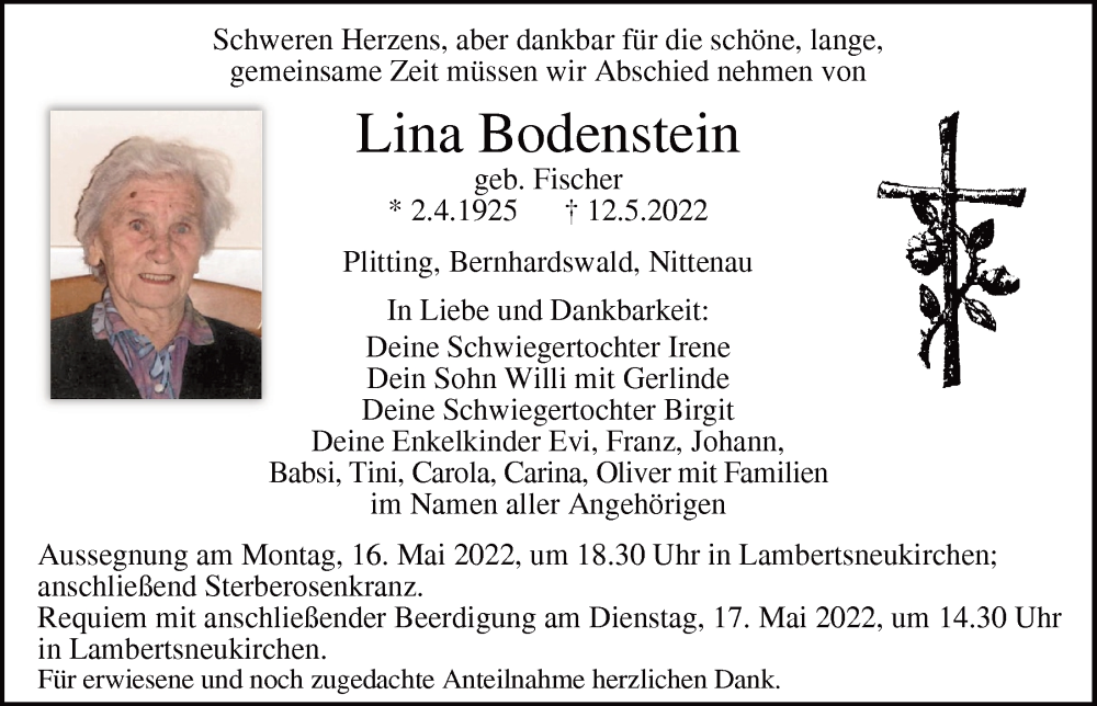  Traueranzeige für Lina Bodenstein vom 14.05.2022 aus Mittelbayerische Zeitung Regensburg