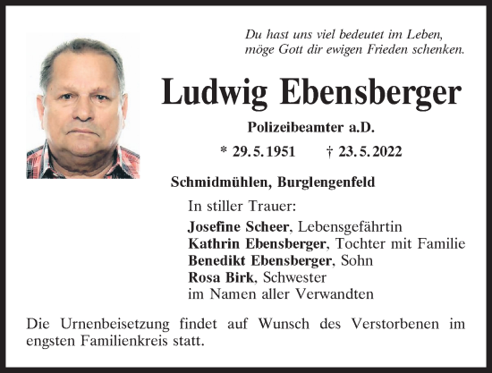 Traueranzeige von Ludwig Ebensberger von Mittelbayerische Zeitung Schwandorf