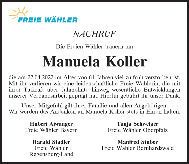  Traueranzeige für Manuela Koller vom 02.05.2022 aus Mittelbayerische Zeitung Gesamtausgabe