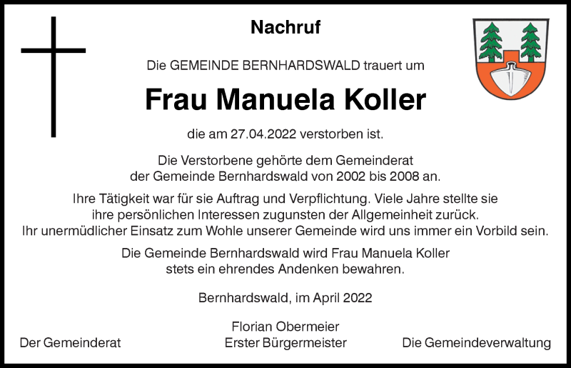  Traueranzeige für Manuela Koller vom 03.05.2022 aus Mittelbayerische Zeitung Regensburg