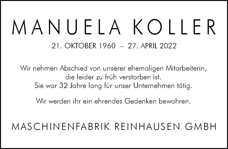  Traueranzeige für Manuela Koller vom 02.05.2022 aus Mittelbayerische Zeitung Regensburg