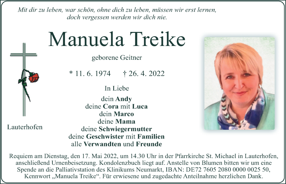  Traueranzeige für Manuela Treike vom 14.05.2022 aus Neumarkter Tagblatt