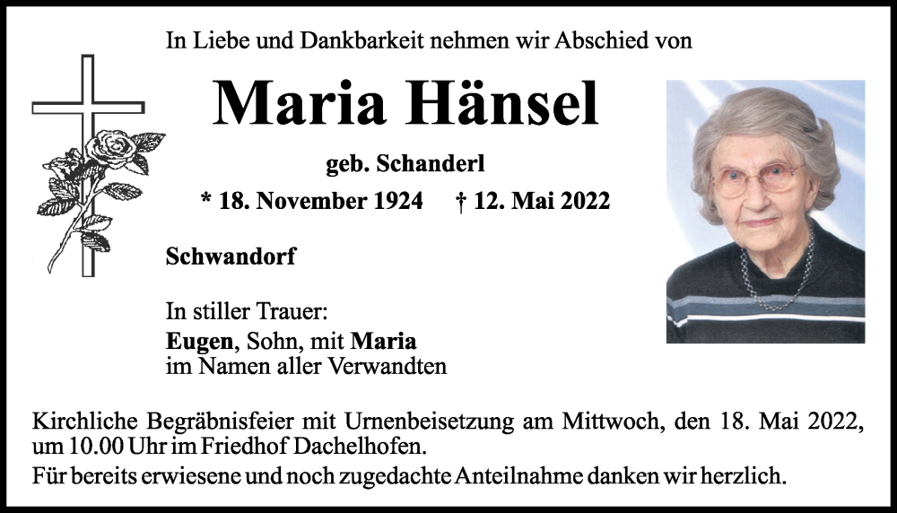  Traueranzeige für Maria Hänsel vom 14.05.2022 aus Mittelbayerische Zeitung Schwandorf
