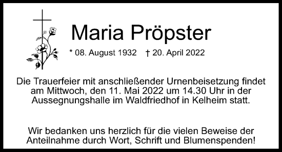 Traueranzeige von Maria Pröpster von Mittelbayerische Zeitung Kelheim