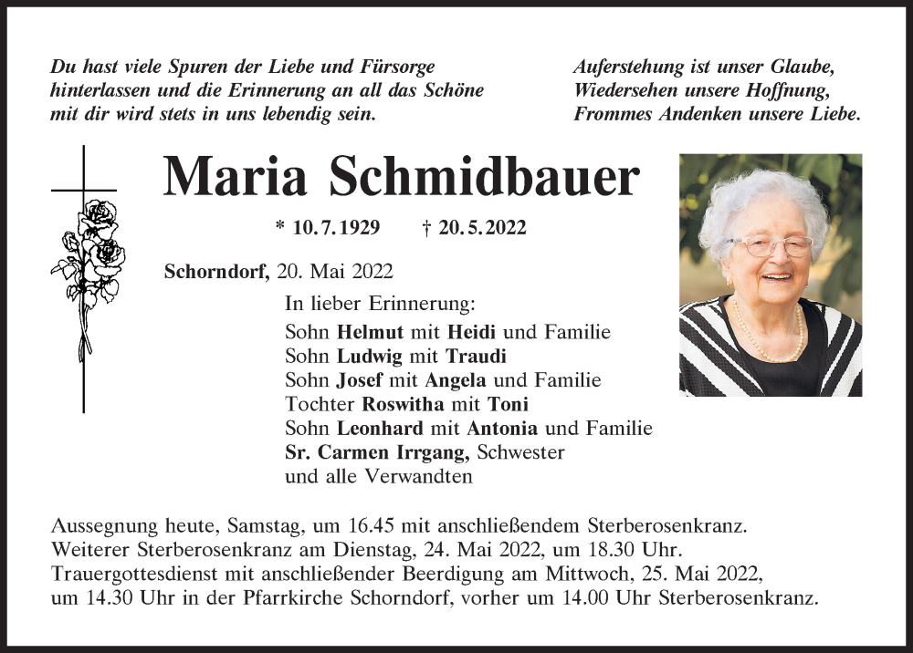  Traueranzeige für Maria Schmidbauer vom 21.05.2022 aus Bayerwald Echo