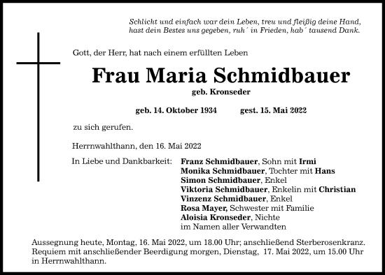 Traueranzeige von Maria Schmidbauer von Mittelbayerische Zeitung Kelheim