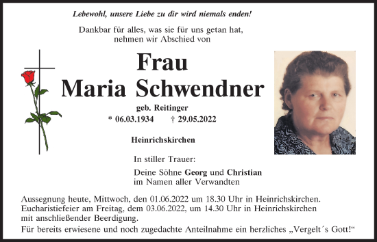 Traueranzeige von Maria Schwendner von Bayerwald Echo