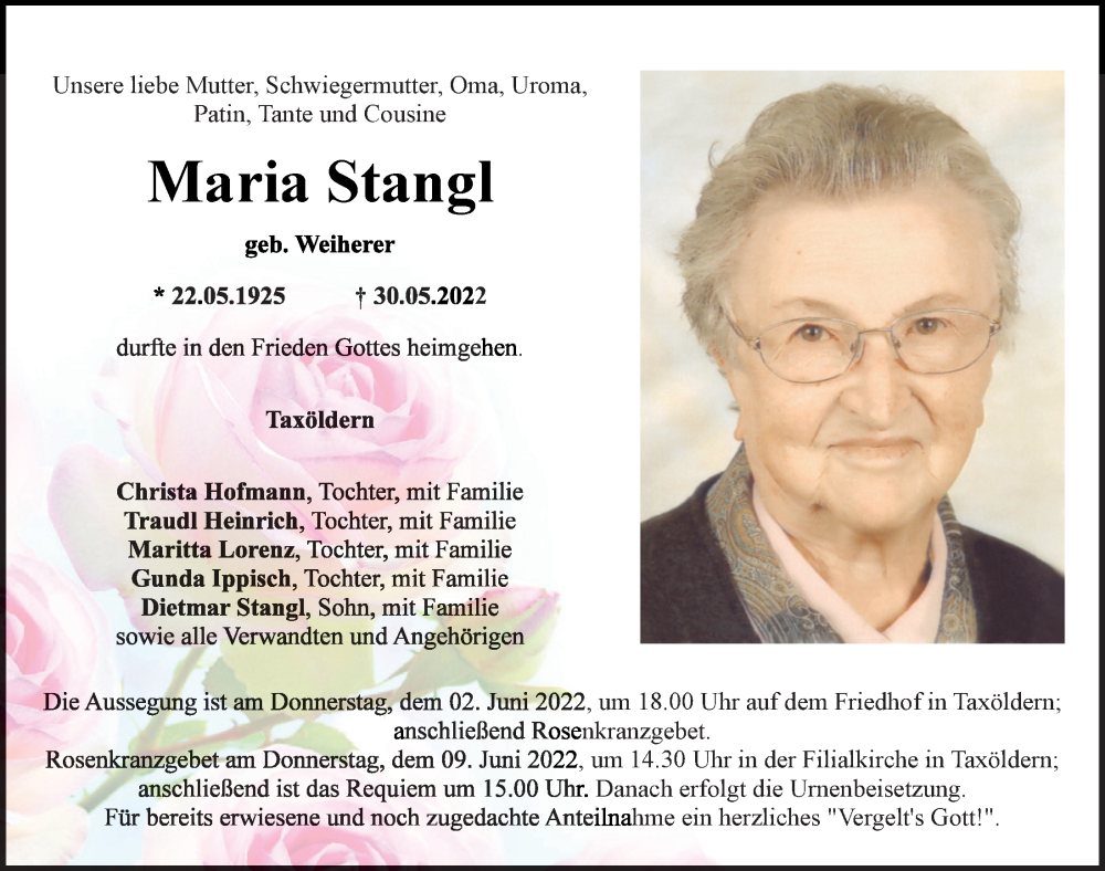  Traueranzeige für Maria Stangl vom 01.06.2022 aus Mittelbayerische Zeitung Schwandorf