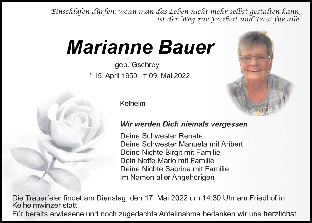  Traueranzeige für Marianne Bauer vom 14.05.2022 aus Mittelbayerische Zeitung Kelheim