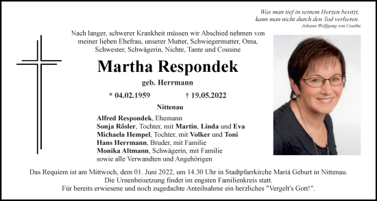 Traueranzeige von Martha Respondek von Mittelbayerische Zeitung Schwandorf