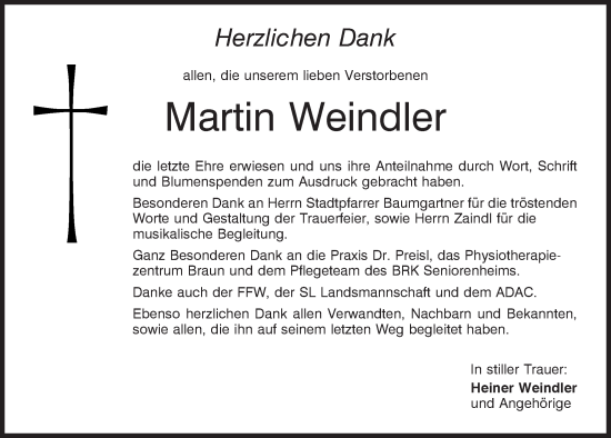 Traueranzeige von Martin Weindler von Mittelbayerische Zeitung Schwandorf