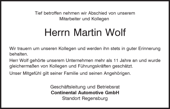 Traueranzeige von Martin Wolf von Mittelbayerische Zeitung Regensburg